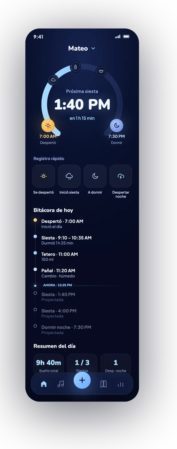 Pantalla principal de Mi Sueñito mostrando la próxima siesta, registro rápido y la bitácora del día